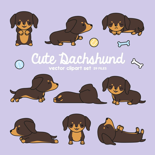 Premium Vector Clipart - Kawaii Dachshund - Cute Dachshund Clipart Set - High Quality Vectors - Instant Download - Kawaii Sausage Dog