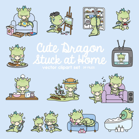 Premium Vector Clipart - Kawaii Dragon - Cute Dragon Stuck at Home Clipart - Dragon Lockdown - Instant Download - Kawaii Clipart