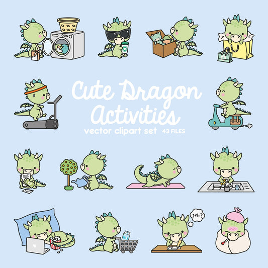 Premium Vector Clipart - Kawaii Dragon - Cute Dragons Planning Clipart - Instant Download - Kawaii Clipart