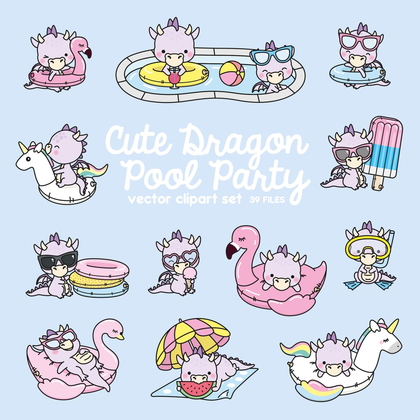 Premium Vector Clipart - Kawaii Purple Dragon - Cute Purple Dragons Pool Party Clipart - Pool Party - Instant Download - Kawaii Clipart