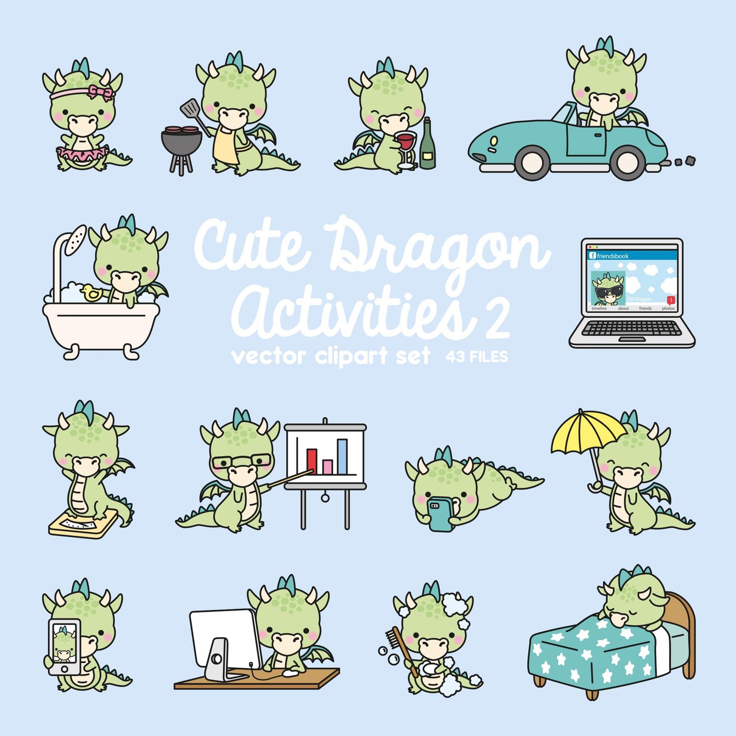 Premium Vector Clipart - Kawaii Dragon - Cute Dragon Planning Clipart - Instant Download - Kawaii Clipart