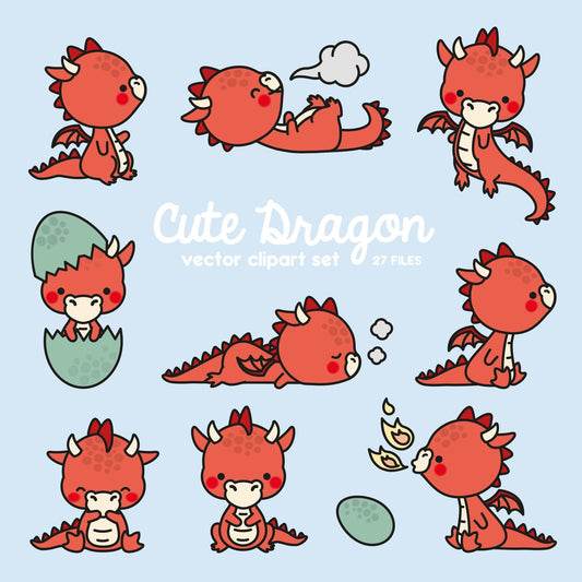 Premium Vector Clipart - Kawaii Dragon - Cute Baby Dragons Clipart Set - High Quality Vectors - Instant Download - Kawaii Clipart Red Dragon