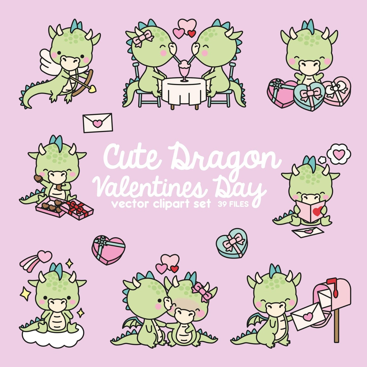 Premium Vector Clipart - Kawaii Valentines Day Dragons - Valentines Day Dragon Clipart - High Quality Vectors - Cute Valentines Day Clipart