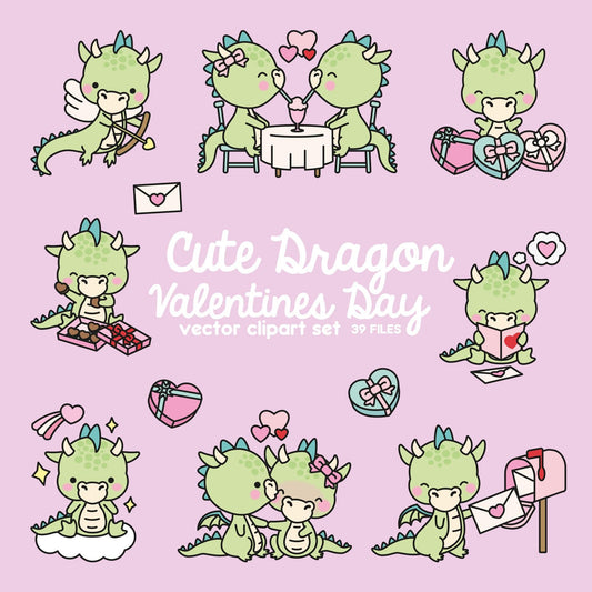 Premium Vector Clipart - Kawaii Valentines Day Dragons - Valentines Day Dragon Clipart - High Quality Vectors - Cute Valentines Day Clipart