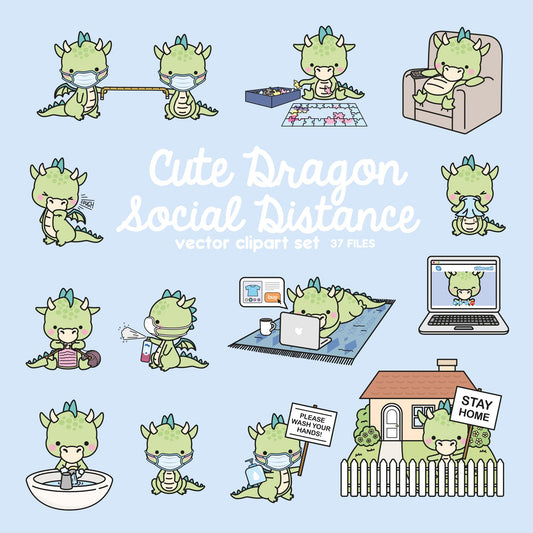 Premium Vector Clipart - Kawaii Dragon - Cute Dragon Social Distancing Clipart - Dragons Lockdown - Instant Download - Kawaii Clipart