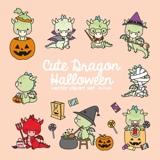 Premium Vector Clipart - Kawaii Halloween Dragons - Cute Halloween Dragons Clipart Set - High Quality Vectors - Kawaii Halloween Clipart