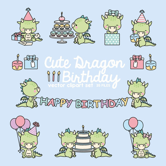 Premium Vector Clipart - Kawaii Birthday Dragons - Cute Birthday Dragons Clipart Set - High Quality Vectors - Kawaii Christmas Clipart