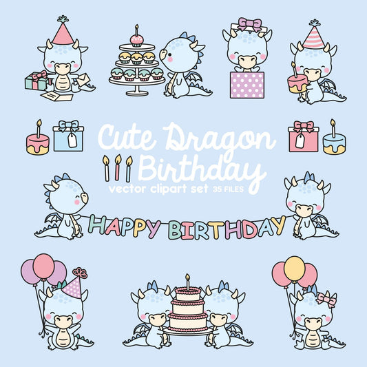 Premium Vector Clipart - Kawaii Blue Birthday Dragons - Cute Birthday Dragons Clipart Set - High Quality Vectors - Kawaii Christmas Clipart