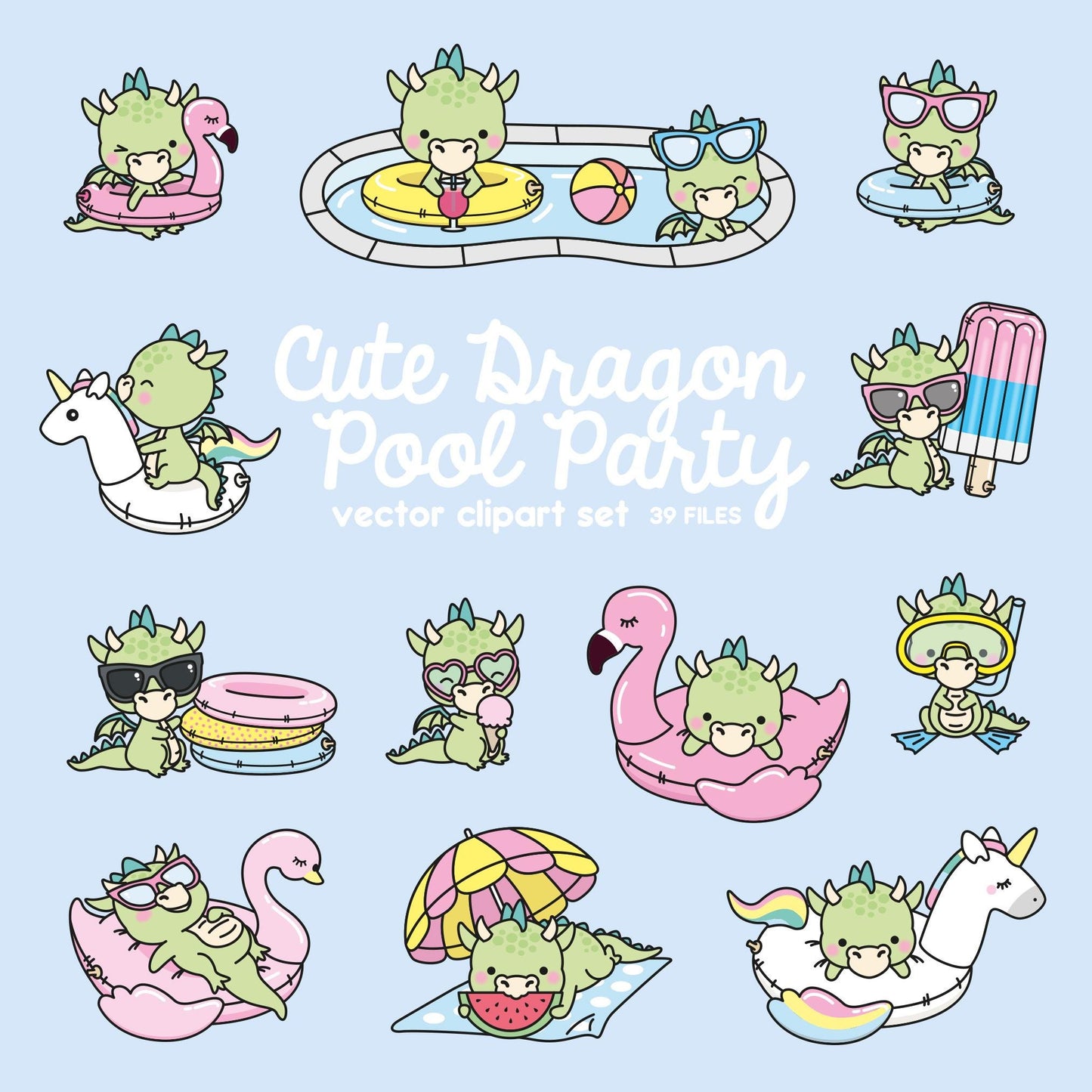 Premium Vector Clipart - Kawaii Dragon - Cute Dragons Pool Party Clipart - Pool Party - Instant Download - Kawaii Clipart