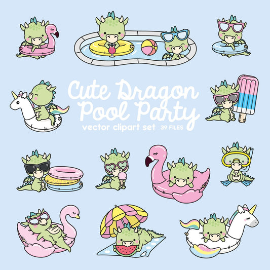 Premium Vector Clipart - Kawaii Dragon - Cute Dragons Pool Party Clipart - Pool Party - Instant Download - Kawaii Clipart