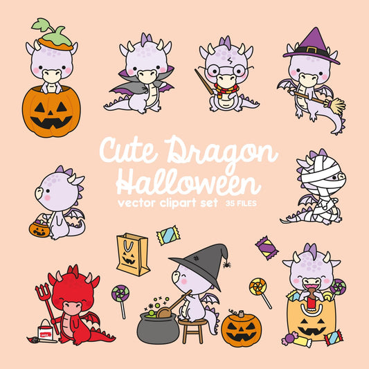 Premium Vector Clipart - Kawaii Halloween Dragons - Cute Halloween Dragons Clipart Set - High Quality Vectors - Purple Dragon