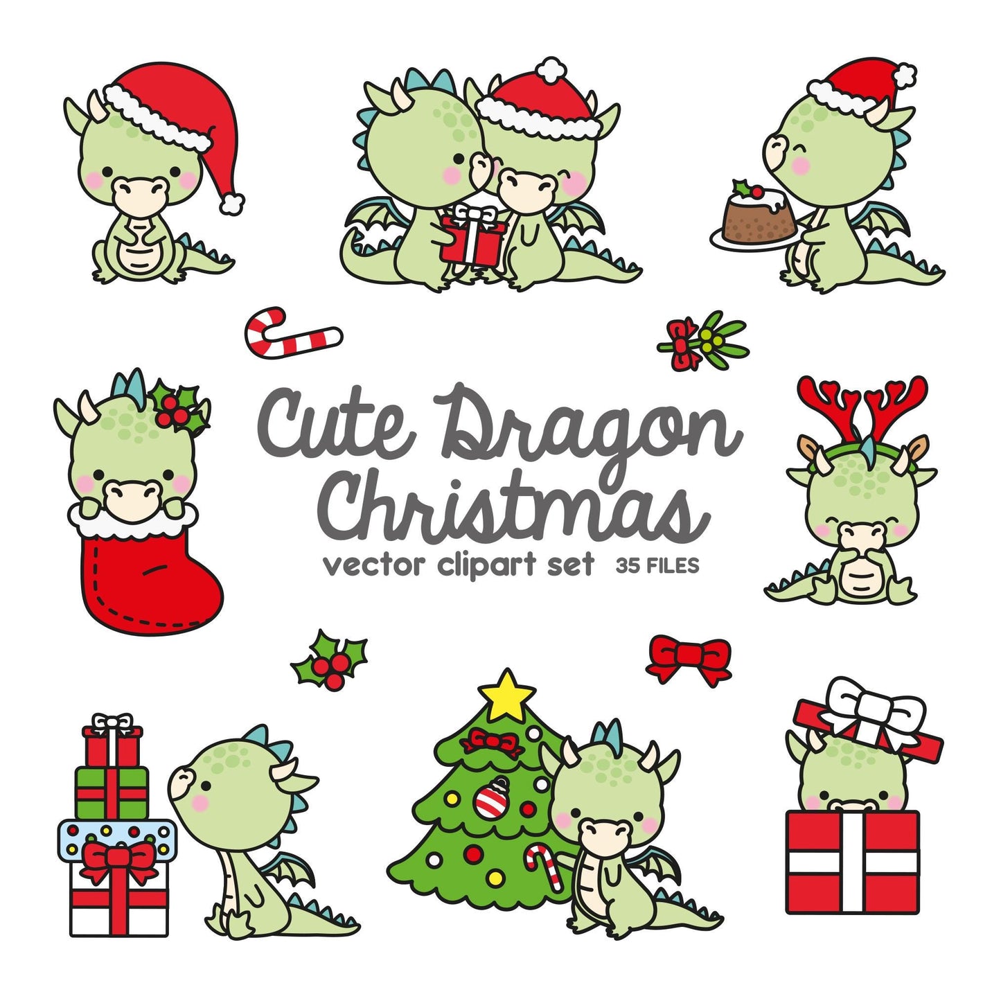 Premium Vector Clipart - Kawaii Christmas Dragons - Cute Christmas Dragons Clipart Set - High Quality Vectors - Kawaii Christmas Clipart