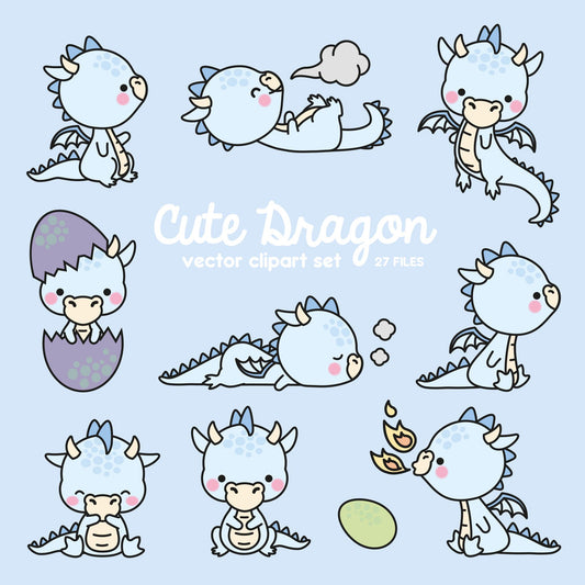 Premium Vector Clipart - Kawaii Dragon - Cute Baby Dragons Clipart Set - High Quality Vectors - Instant Download -  Blue Dragon