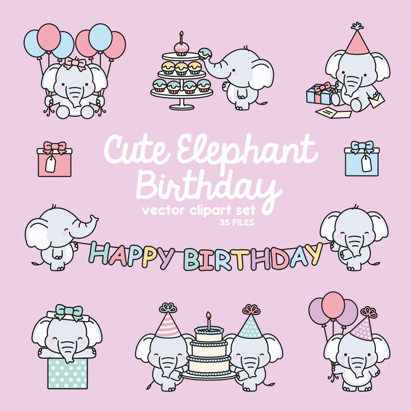 Premium Vector Clipart - Kawaii Birthday Elephants - Cute Birthday Elephants Clipart Set - High Quality Vectors - Kawaii Birthday Clipart