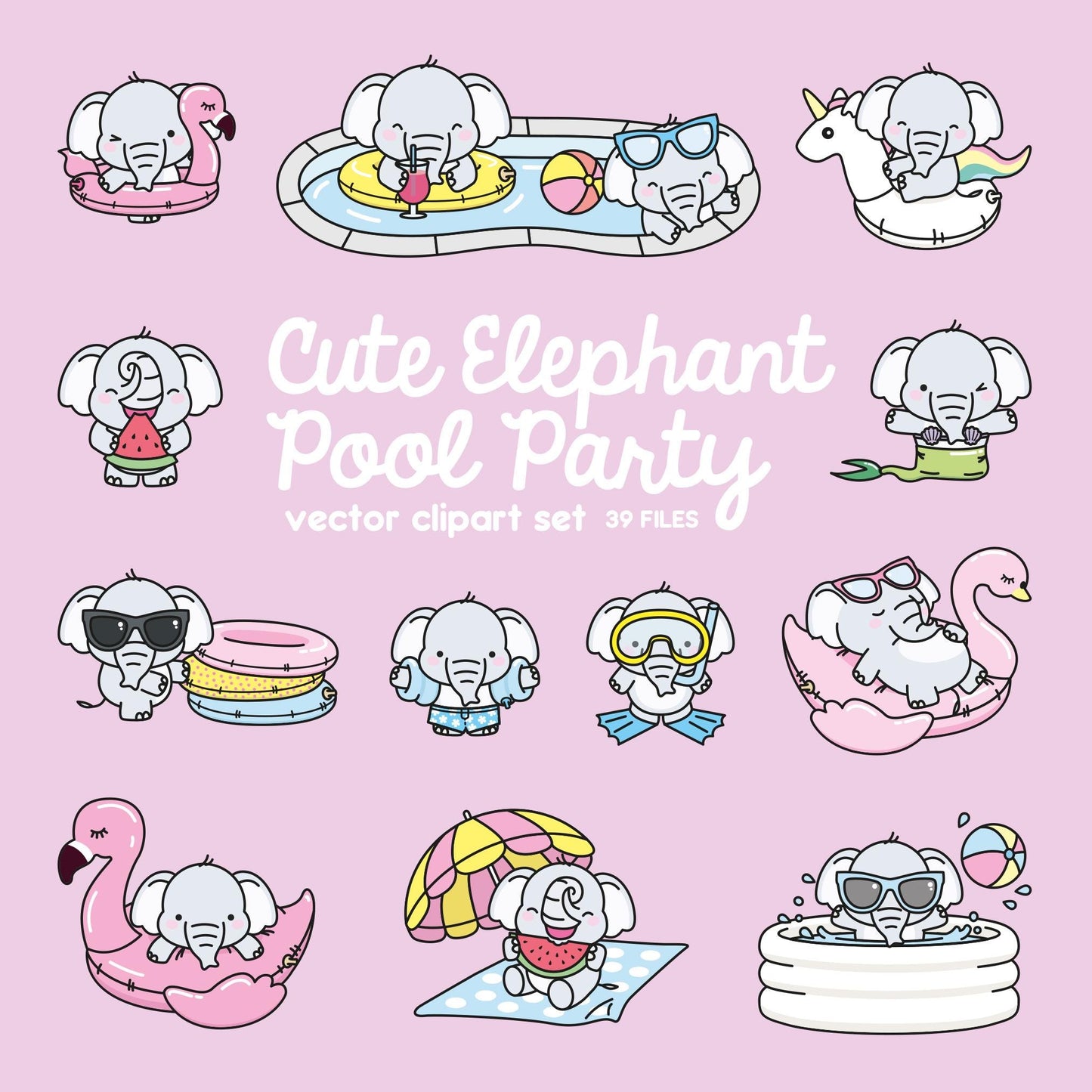 Premium Vector Clipart - Kawaii Elephant - Cute Elephant Pool Party Clipart - Pool Party - Instant Download - Kawaii Clipart