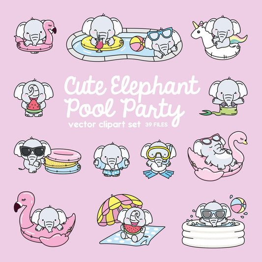 Premium Vector Clipart - Kawaii Elephant - Cute Elephant Pool Party Clipart - Pool Party - Instant Download - Kawaii Clipart