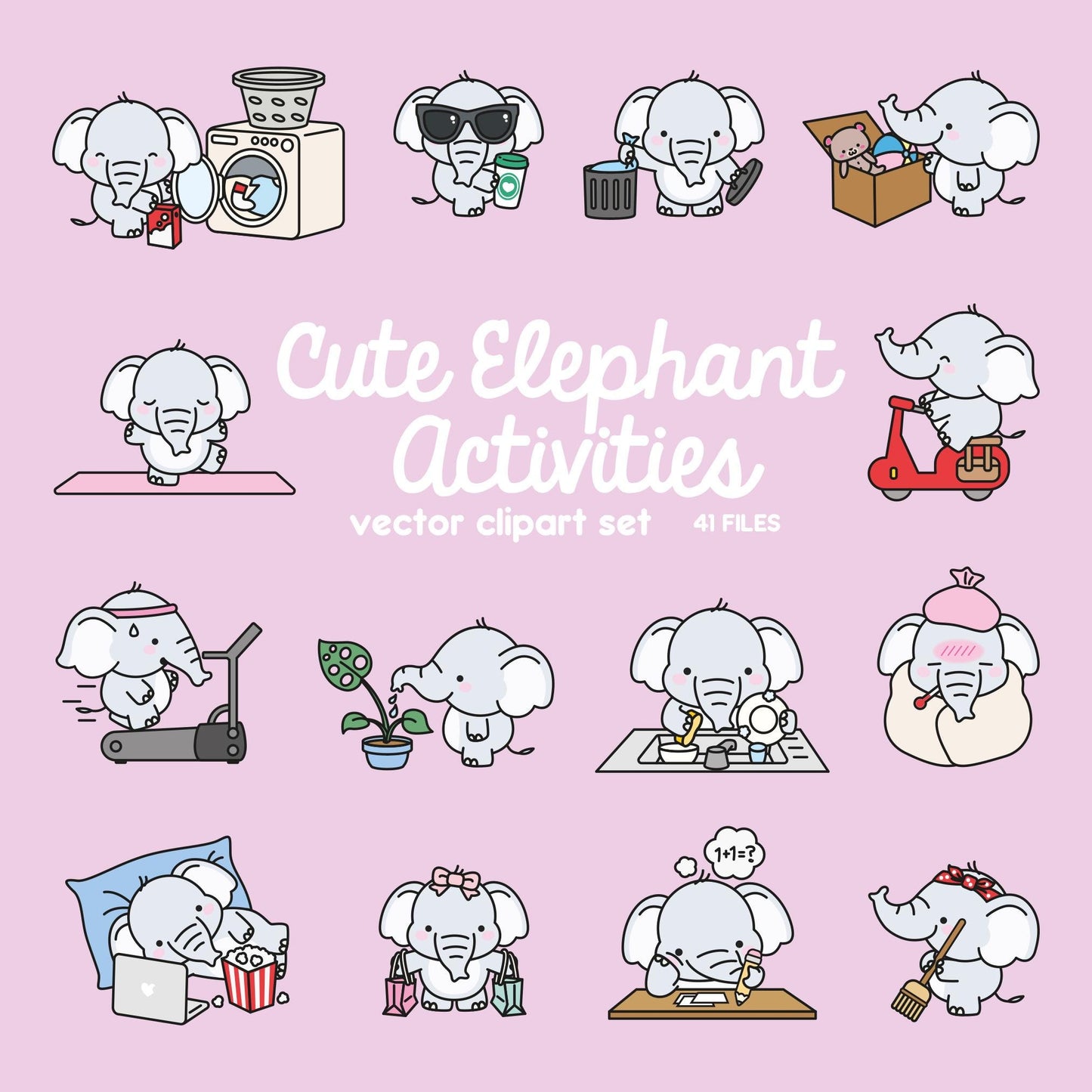 Premium Vector Clipart - Kawaii Elephant - Cute Penguin Planning Clipart - Instant Download - Kawaii Clipart