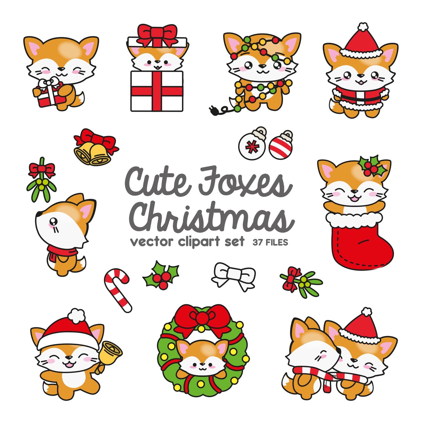 Premium Vector Clipart - Kawaii Christmas Foxes - Cute Christmas Foxes Clipart Set - High Quality Vectors - Kawaii Christmas Fox Clipart