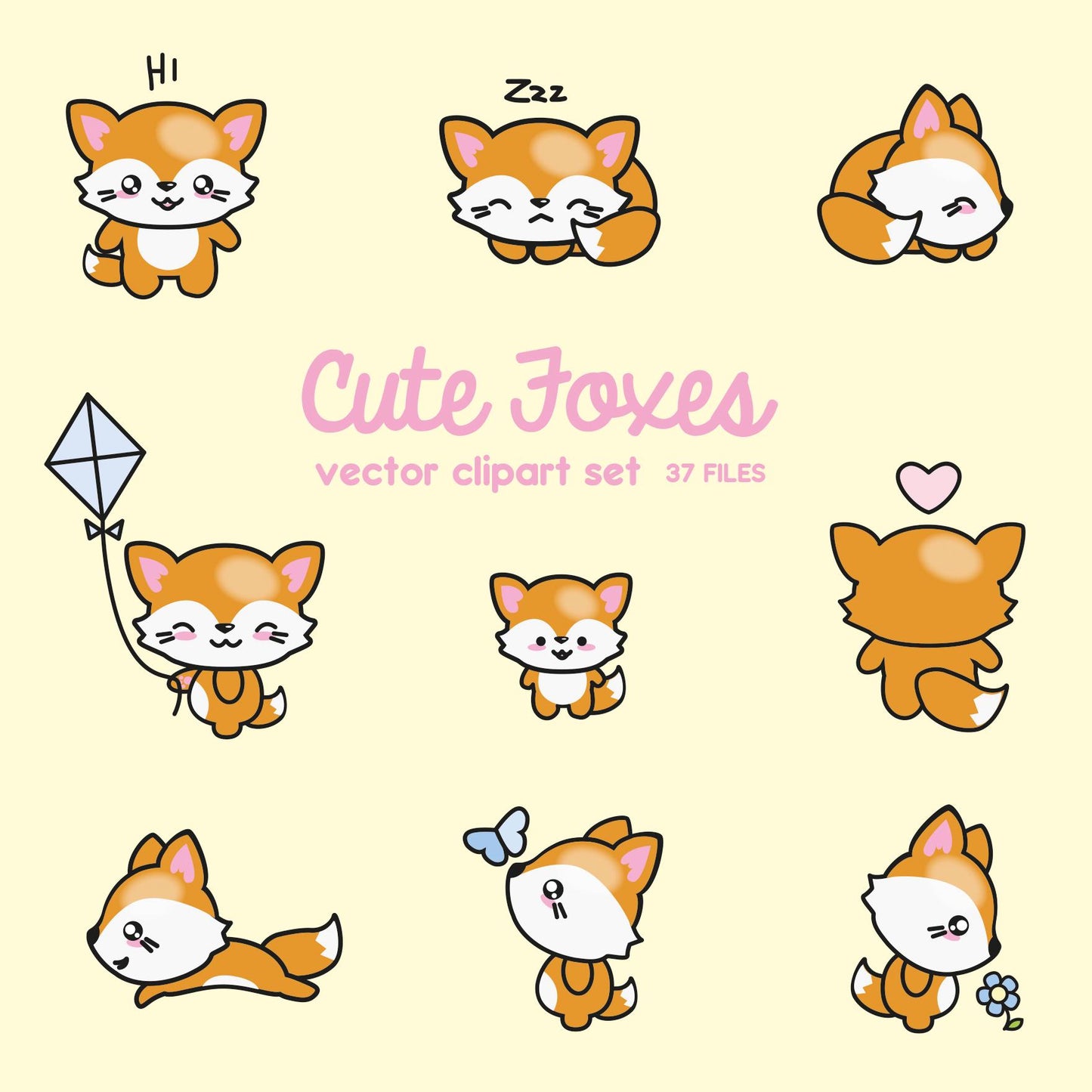 Premium Vector Clipart - Kawaii Foxes - Cute Foxes Clipart Set - High Quality Vectors - Instant Download - Kawaii Clipart