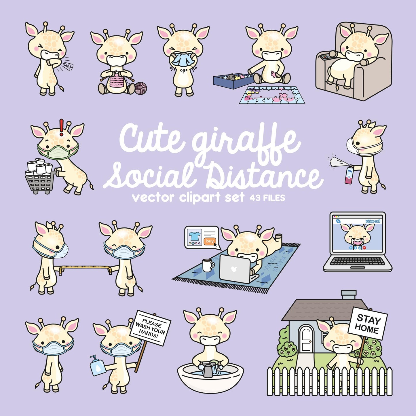 Premium Vector Clipart - Kawaii Giraffe - Cute Giraffe Social Distancing Clipart - Giraffes Lockdown - Instant Download - Kawaii Clipart