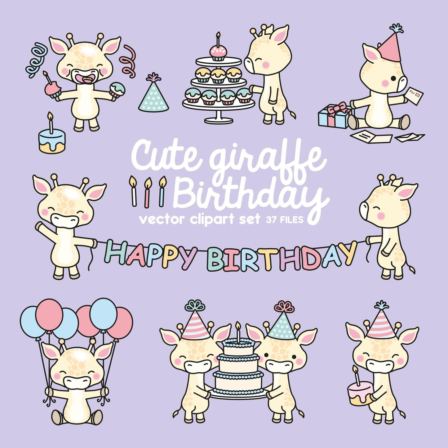 Premium Vector Clipart - Kawaii Birthday Giraffes - Cute Birthday Giraffes Clipart Set - High Quality Vectors - Kawaii Birthday Clipart