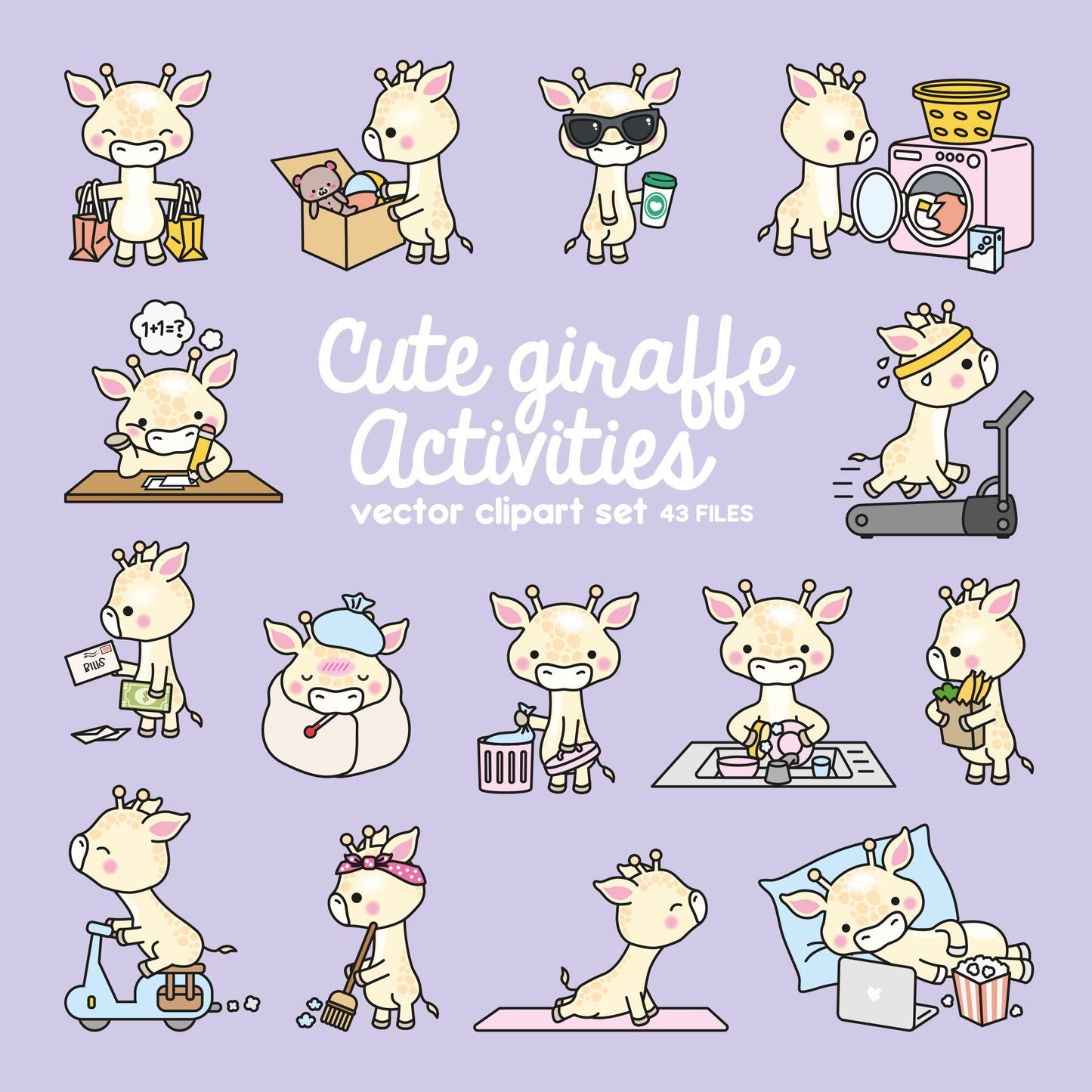 Premium Vector Clipart - Kawaii Giraffe - Cute Giraffe Planning Clipart - Instant Download - Kawaii Clipart