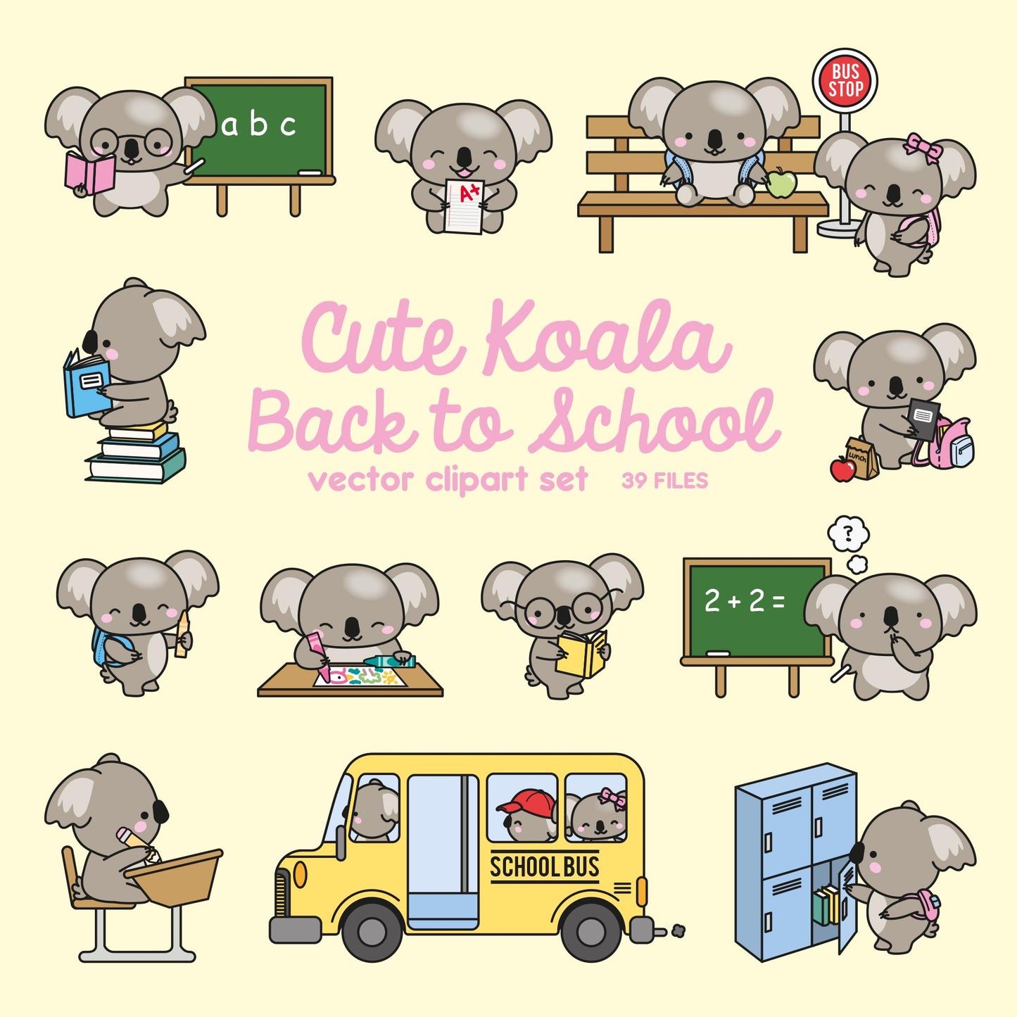 Premium Vector Clipart - Kawaii Koalas Back To School - Cute Koalas Clipart Set - High Quality Vectors - Kawaii School Clipart