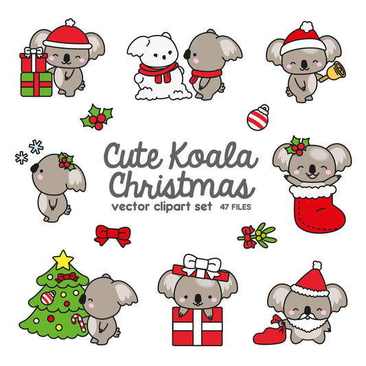 Premium Vector Clipart - Kawaii Christmas Koalas - Cute Christmas Koala Bear Clipart Set - High Quality Vectors - Kawaii Christmas Clipart