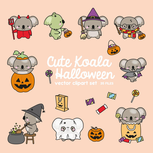 Premium Vector Clipart - Kawaii Halloween Koalas - Cute Halloween Koalas Clipart Set - High Quality Vectors - Kawaii Halloween Clipart