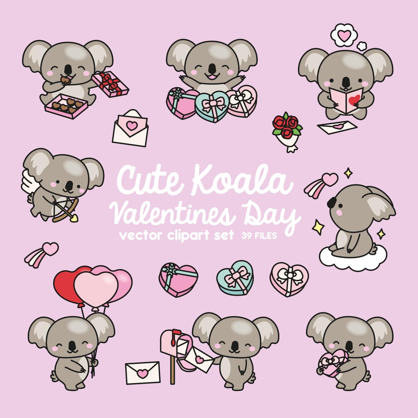 Premium Vector Clipart - Kawaii Valentines Day Koalas - Valentines Day Koala Clipart - High Quality Vectors - Cute Valentines Day Clipart