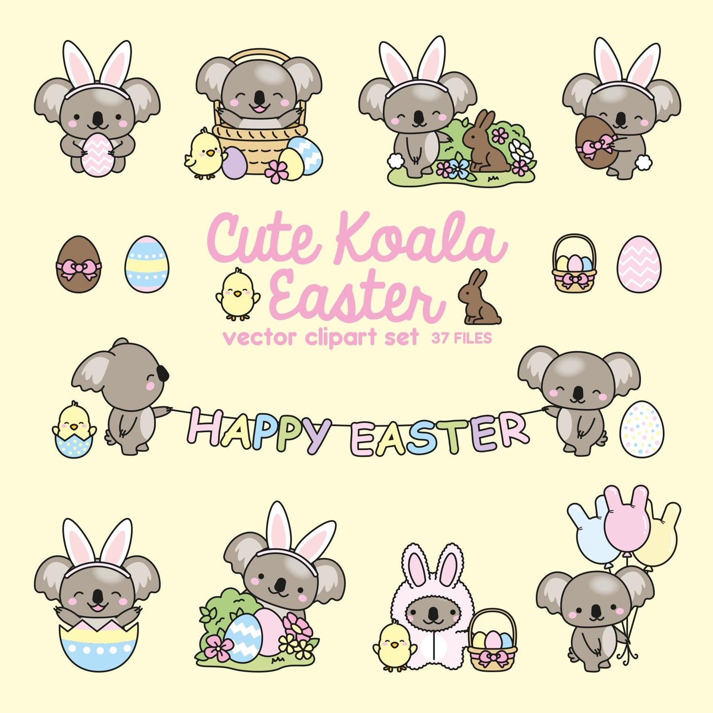 Premium Vector Clipart - Kawaii Easter Koalas - Cute Easter Koala Bears Clipart Set - High Quality Vectors - Kawaii Easter Clipart