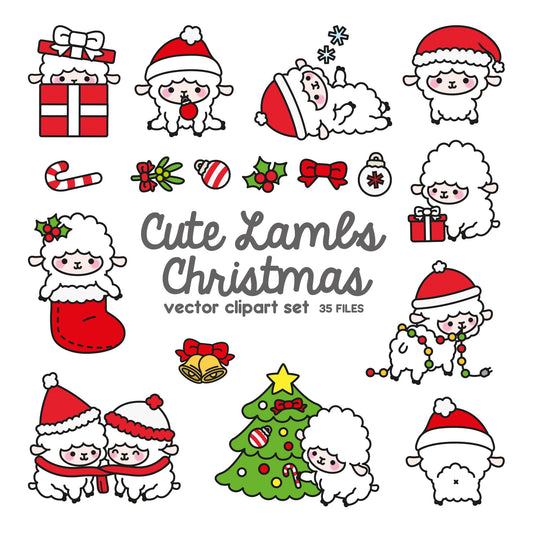 Premium Vector Clipart - Kawaii Christmas Sheep - Cute Christmas Sheep Clipart Set - High Quality Vectors - Kawaii Christmas Clipart