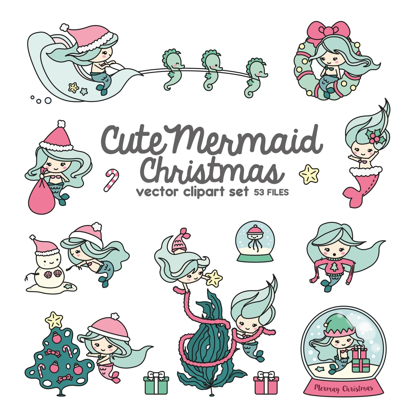 Premium Vector Clipart - Kawaii Christmas Mermaids - Cute Christmas Mermaid Clipart Set - High Quality Vectors - Kawaii Christmas Clipart