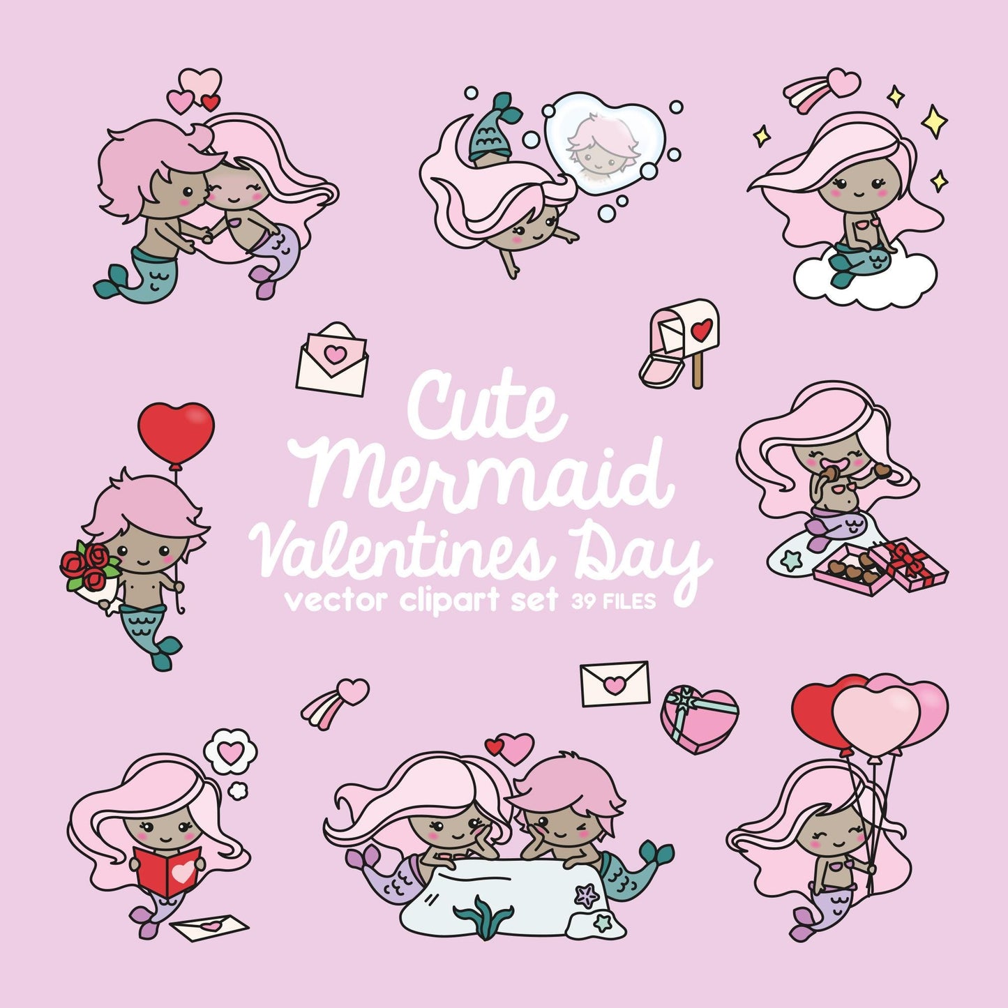 Premium Vector Clipart - Kawaii Valentines Mermaids - Valentines Day Mermaids Clipart Set - Dark Skin - Cute Valentines Day Clipart