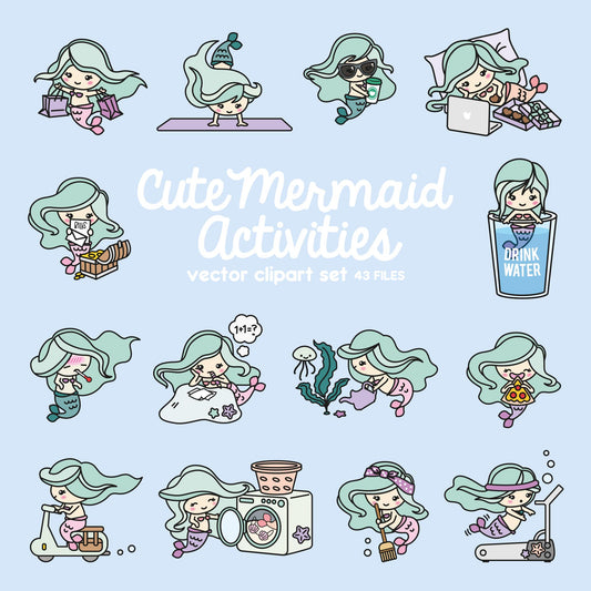 Premium Vector Clipart - Kawaii Mermaid - Cute Mermaids Planning Clipart - Instant Download - Kawaii Clipart