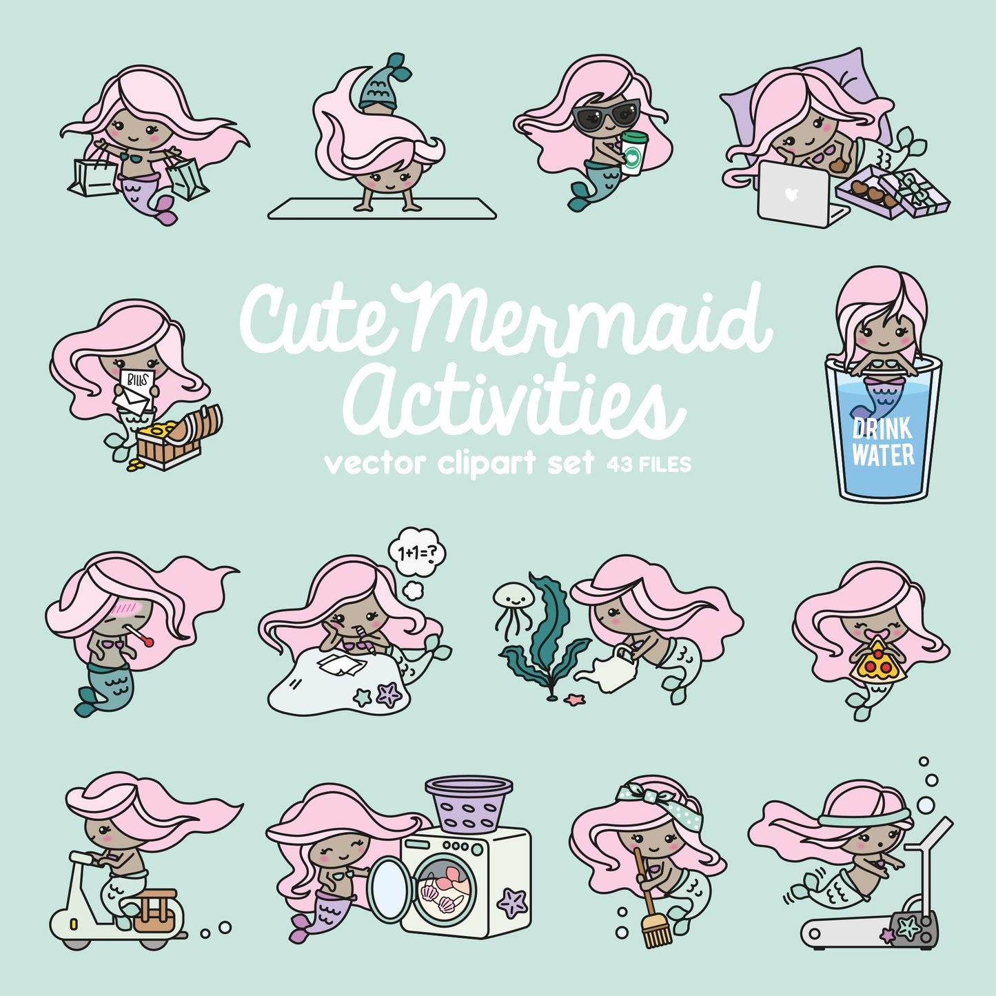 Premium Vector Clipart - Kawaii Mermaid - Cute Mermaids Planning Clipart - Darker Skin Mermaids- Instant Download - Kawaii Clipart