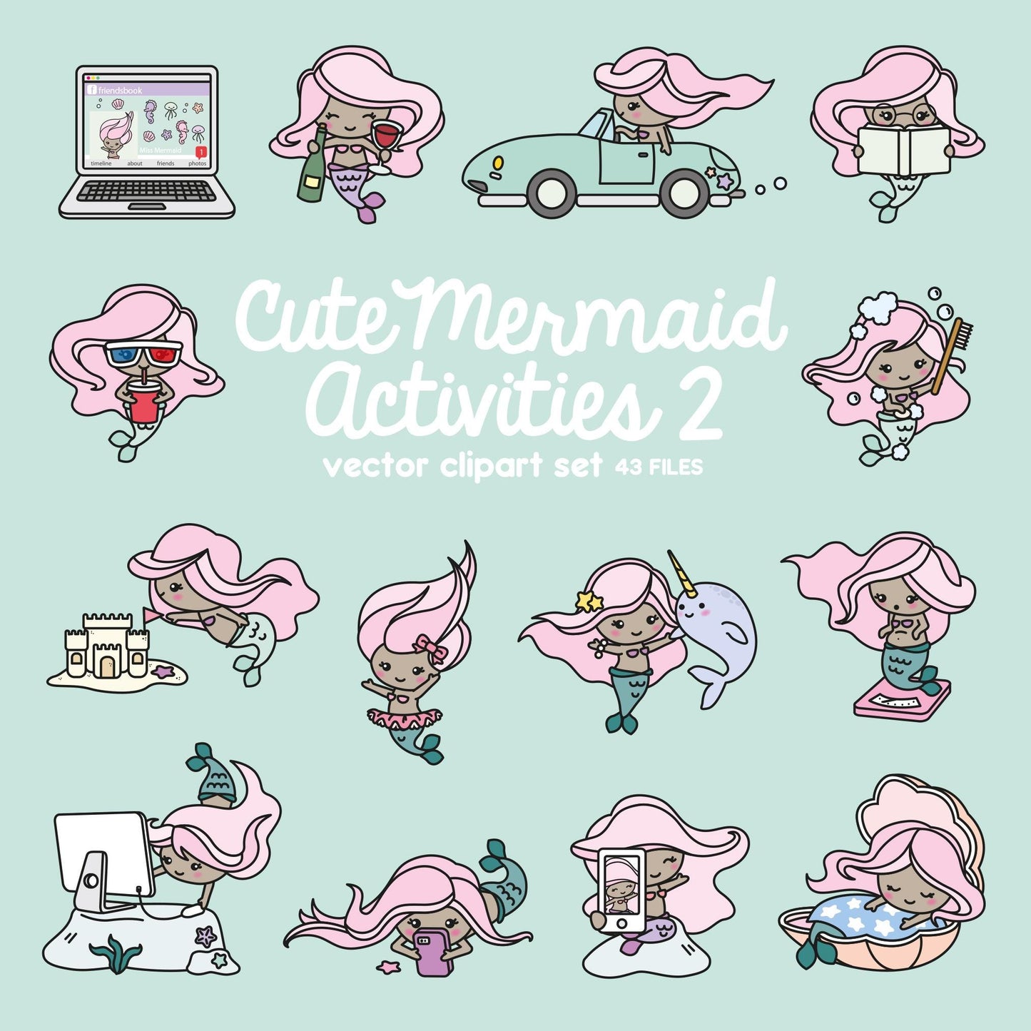 Premium Vector Clipart - Kawaii Mermaid - Cute Mermaid Planning Clipart - Even More Mermaids Dark Skin - Instant Download - Kawaii Clipart