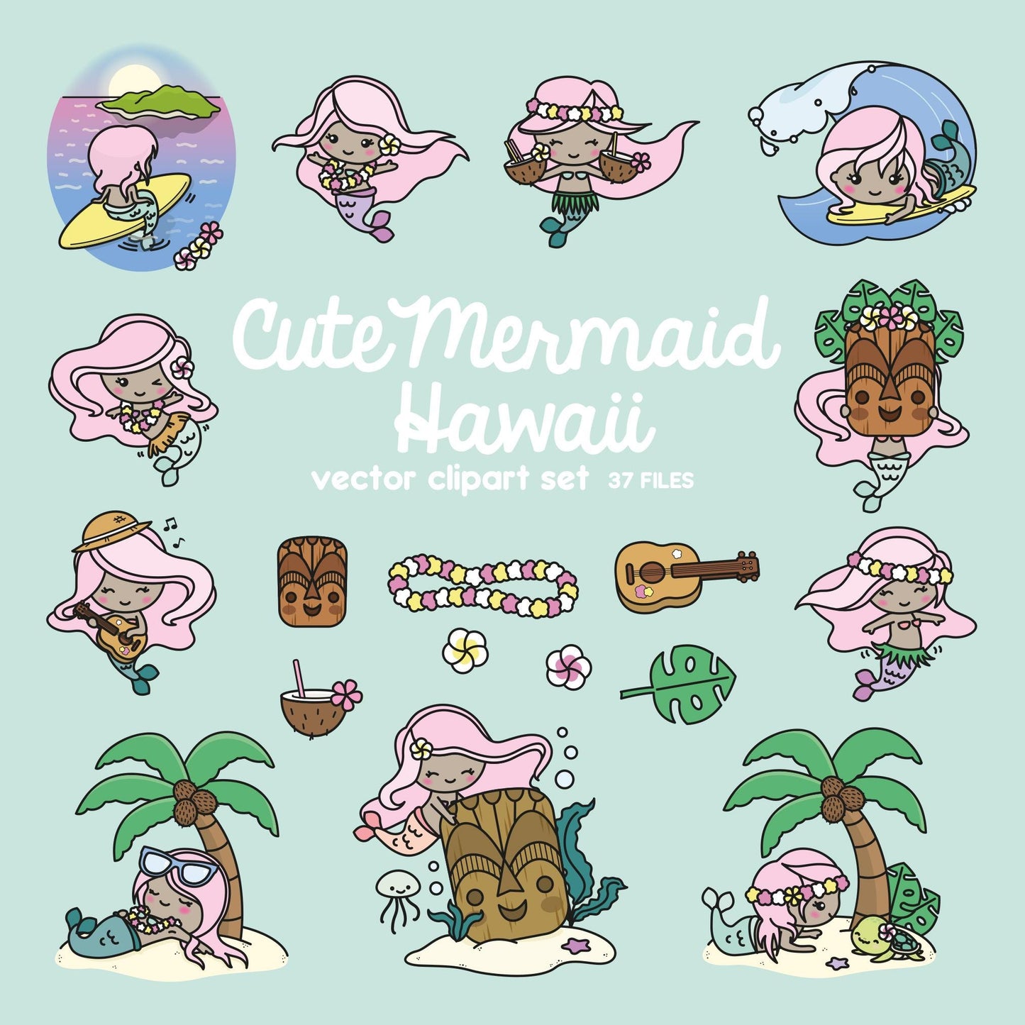 Premium Vector Clipart - Kawaii Mermaid - Cute Mermaid in Hawaii Clipart - Hawaii - Instant Download - Kawaii Clipart