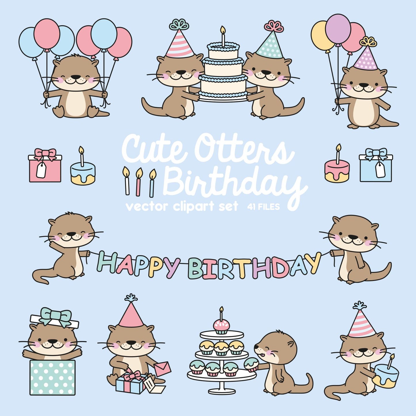 Premium Vector Clipart - Kawaii Birthday Otters - Cute Birthday Otter Clipart Set - High Quality Vectors - Kawaii Birthday Clipart