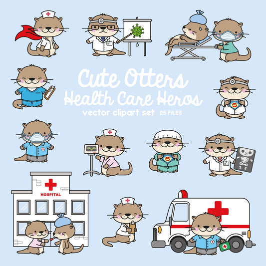 Premium Vector Clipart - Kawaii Otter - Cute Otters Healthcare Heros Clipart - Otter Doctors - Instant Download - Kawaii Clipart