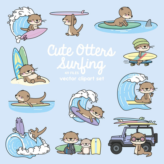 Premium Vector Clipart - Kawaii Otters Surfing - Cute Otters Surf Clipart Set - High Quality Vectors - Instant Download - Kawaii Clipart