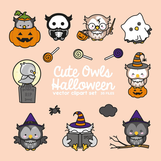 Premium Vector Clipart - Kawaii Halloween Owls - Cute Halloween Owls Clipart Set - High Quality Vectors - Kawaii Clipart