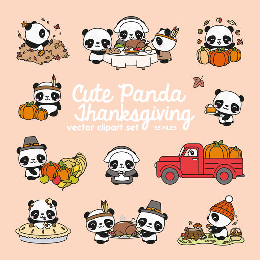 Premium Vector Clipart - Kawaii Thankgiving Pandas - Cute Thangiving Pandas Clipart - High Quality Vectors - Kawaii Thanksgiving Clipart