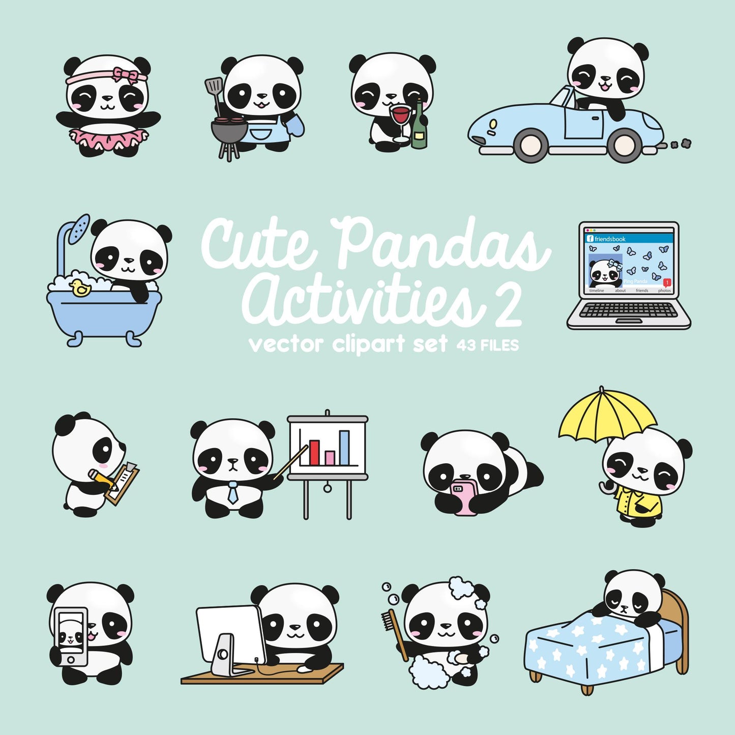 Premium Vector Clipart - Kawaii Panda - Cute Panda Planning Clipart - Even More Pandas - Instant Download - Kawaii Clipart