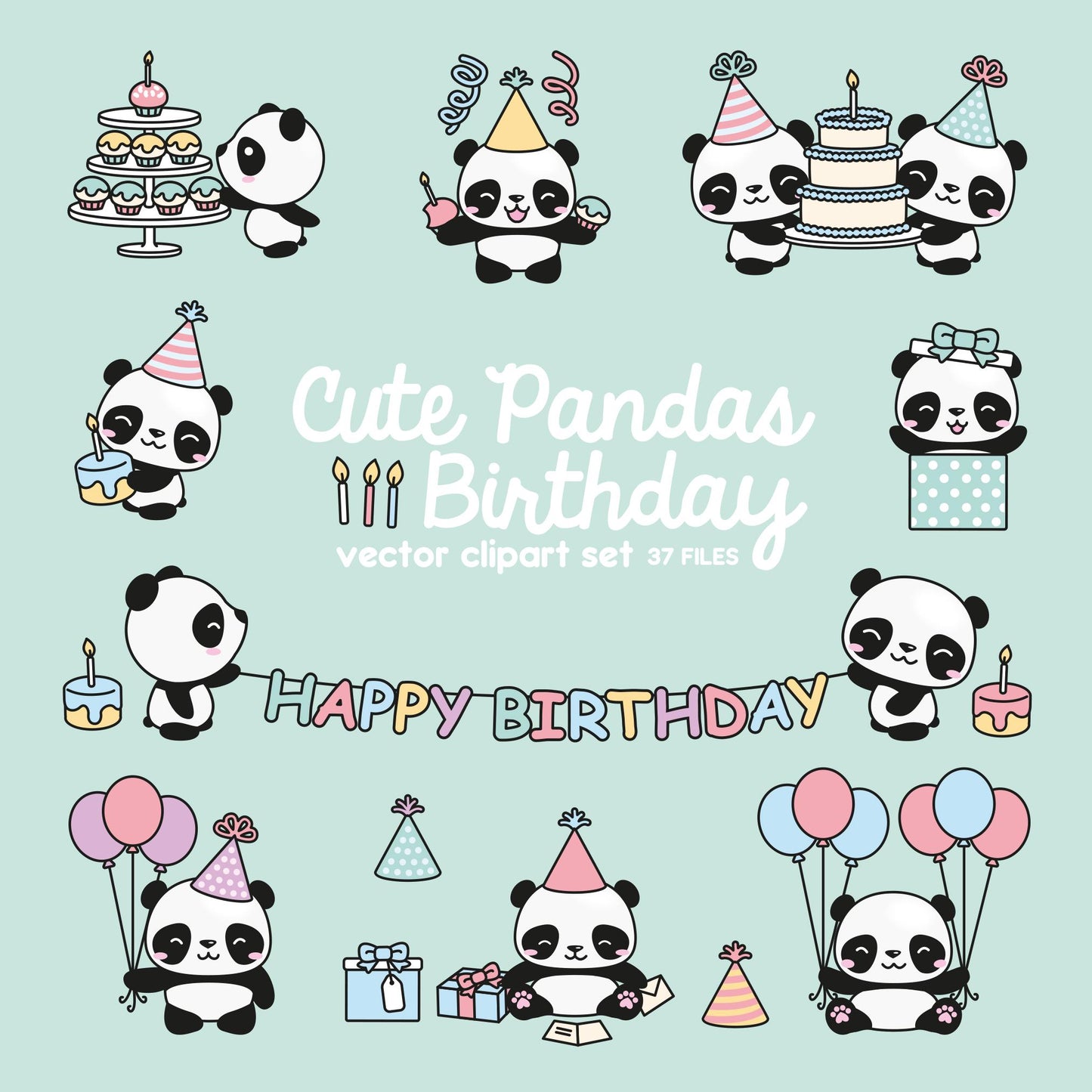 Premium Vector Clipart - Kawaii Birthday Pandas - Cute Birthday Pandas Clipart Set - High Quality Vectors - Kawaii Birthday Clipart