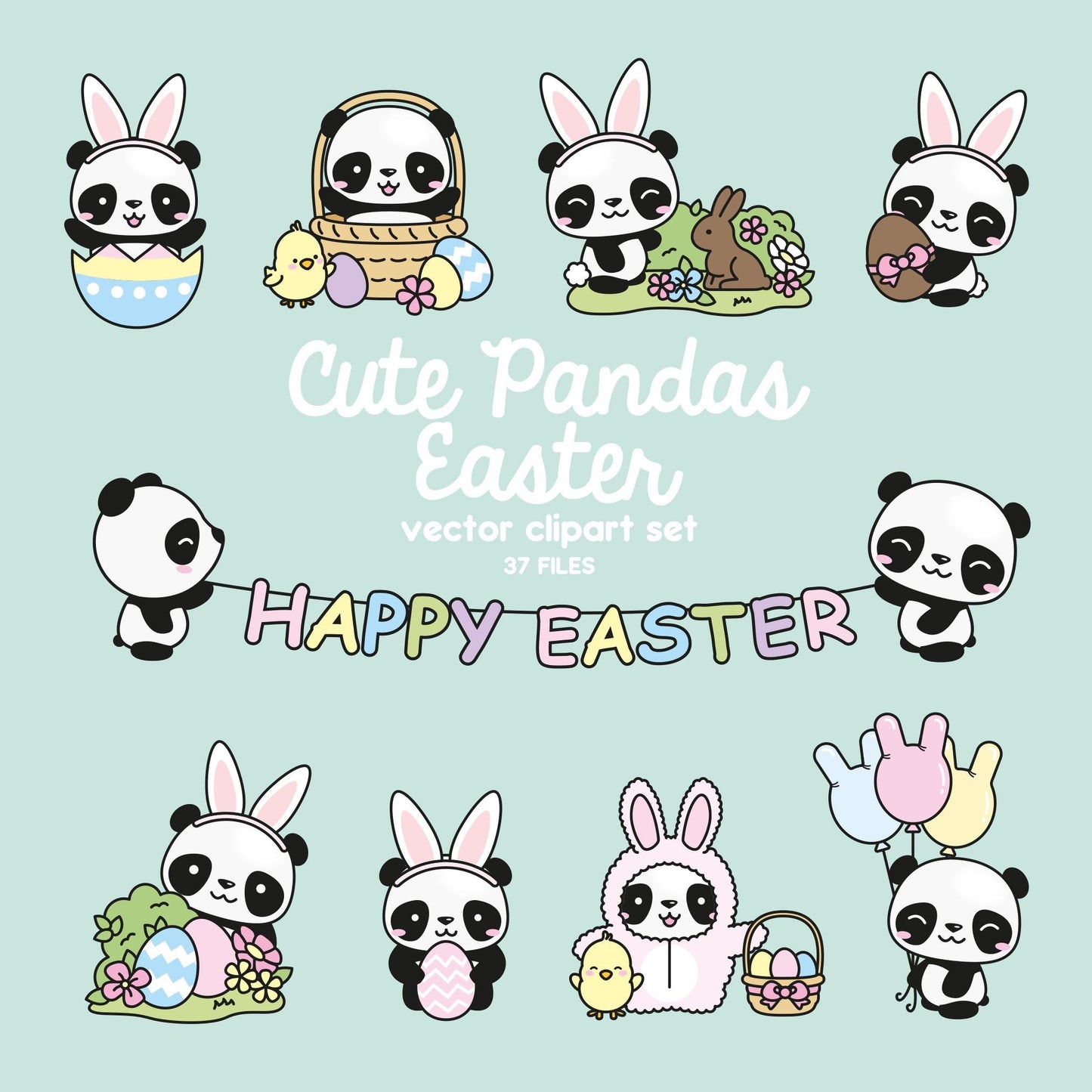 Premium Vector Clipart - Kawaii Easter Pandas - Cute Easter Panda Bears Clipart Set - High Quality Vectors - Kawaii Easter Clipart