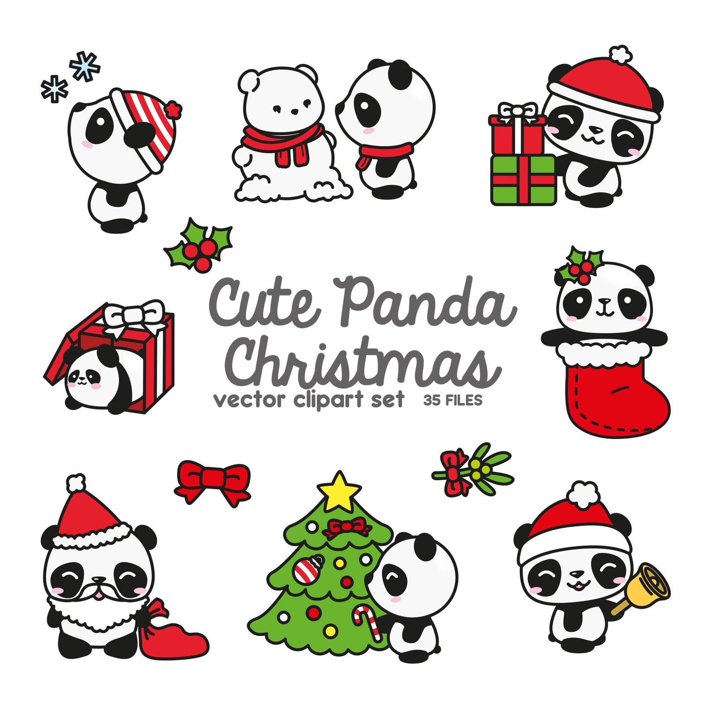 Premium Vector Clipart - Kawaii Christmas Pandas - Cute Christmas Panda Clipart Set - High Quality Vectors - Kawaii Christmas Clipart