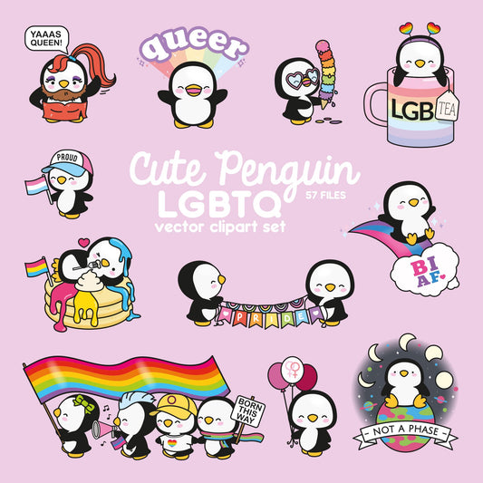 Premium Vector Clipart - Kawaii LGBTQ Pride Penguin - Cute Penguin Queer Pride Clipart - Instant Download - Kawaii Clipart