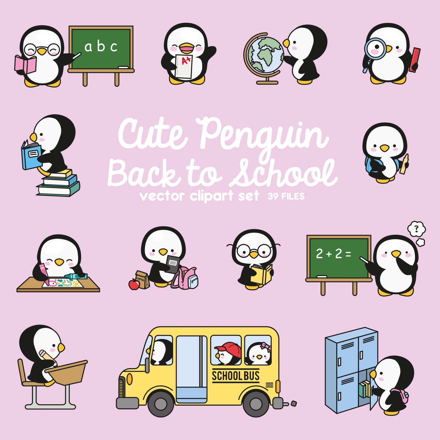 Premium Vector Clipart - Kawaii Penguins Back To School - Cute Penguins Clipart Set - High Quality Vectors - Kawaii School Clipart