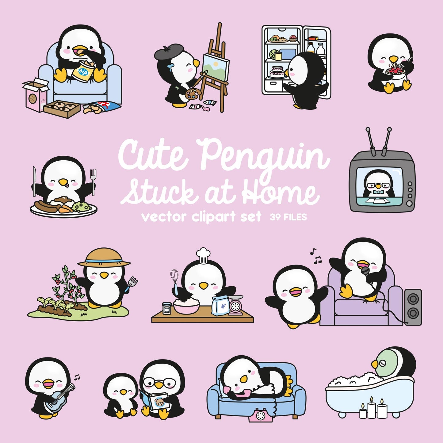 Premium Vector Clipart - Kawaii Penguin - Cute Penguin Locked Down at Home Clipart - Penguin Lockdown - Instant Download - Kawaii Clipart